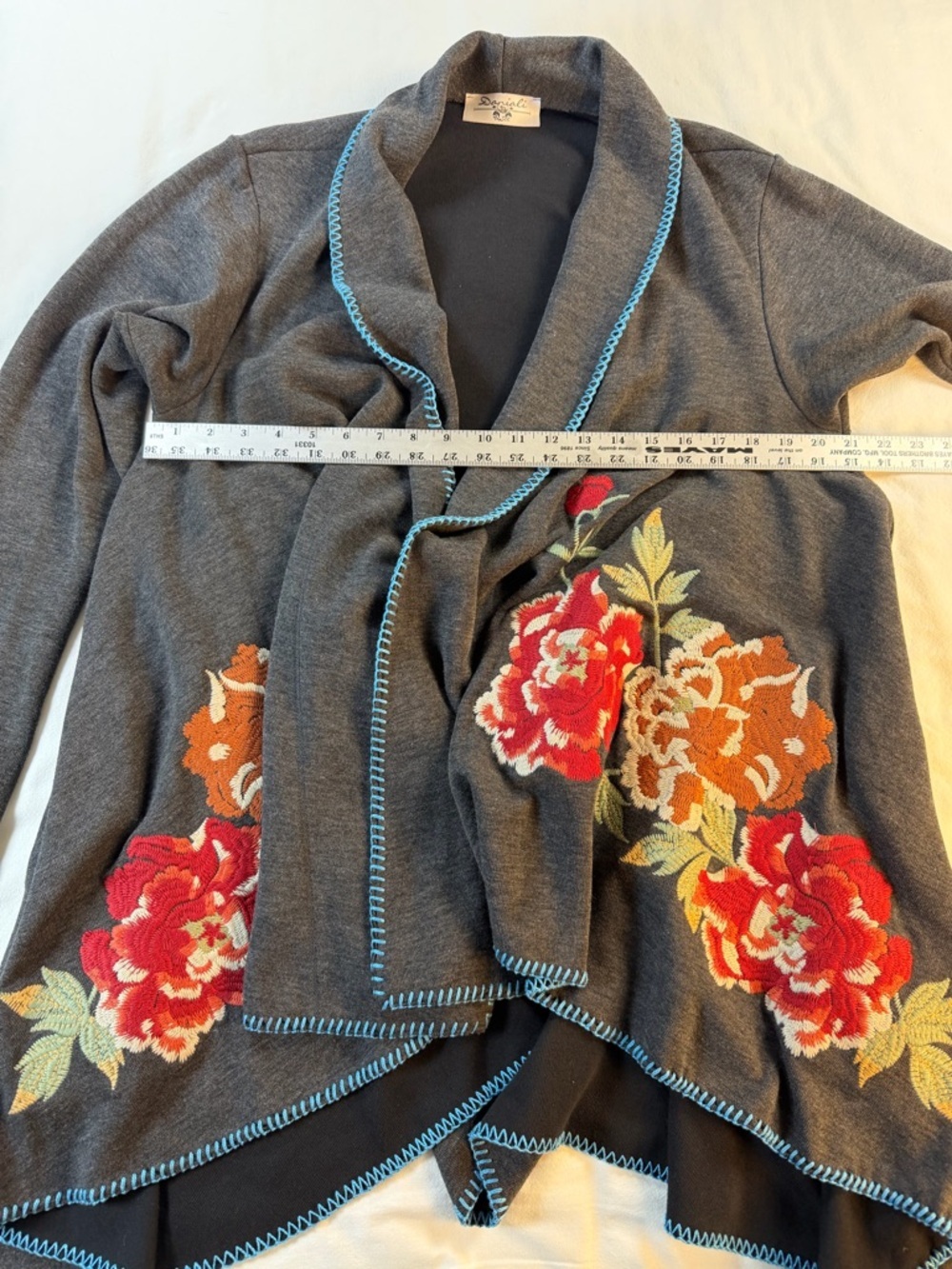 Floral Embroidered Boho Open Front Cardigan Jacket Terry Knit EUC - Picture 6 of 7